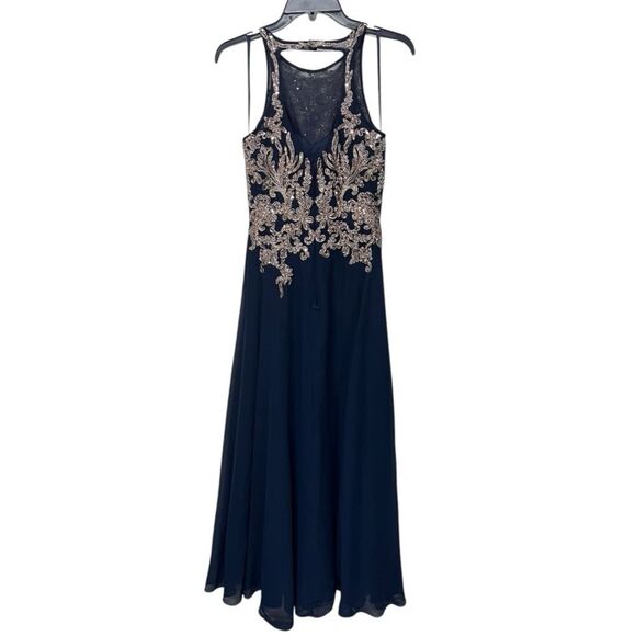 NWOT FLAW BETSY & ADAM | NAVY ROSE BEADED EMBROIDERY CHIFFON GOWN FORMAL 2 - Picture 6 of 12
